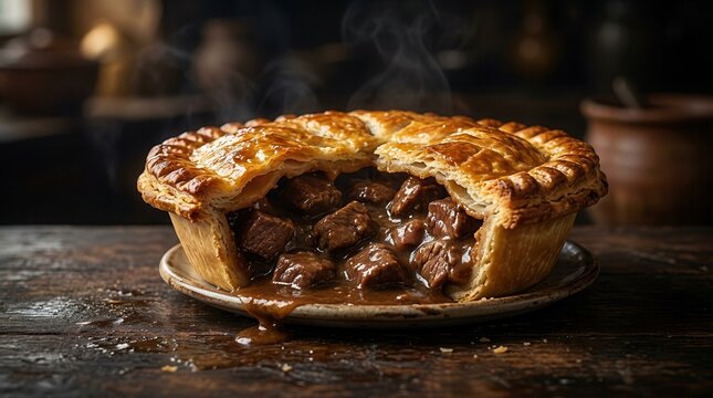 Close up of a hearty meat pie featuring a golden pastry crust and savory beef filling.