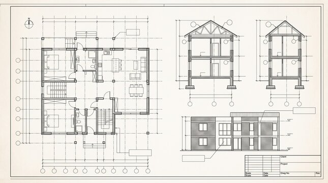 Architectural blueprint of a multi-story building showing floor plan elevations and sections with grid lines and annotations