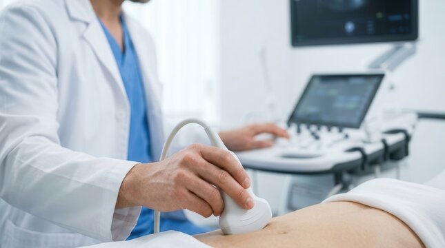 Close up of a doctor using an ultrasound probe for an abdominal examination in a clinical setting.