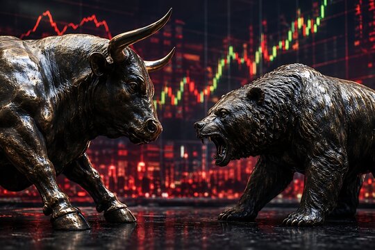 Bull and bear sculptures facing each other with glowing stock market charts in the background, symbolizing market volatility