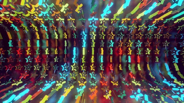 Seamless VJ loop with glowing neon stars abstract structure and psychedelic motion for high-tech club visuals, electronic music festivals, stage screens and for LED video walls