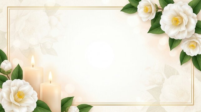 Elegant white floral background with a golden frame and lit candles for funeral invitations.