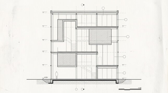 Modern architectural section drawing of a multi story building with glass facade and internal staircase