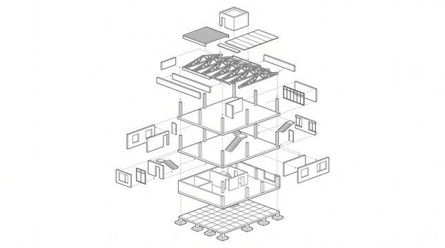 Exploded view architectural blueprint of a multi story building showing structural components and assembly process for designers