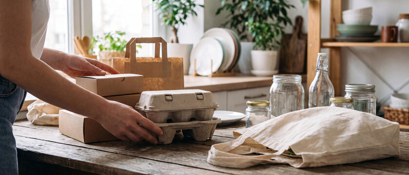 Person unpacking sustainable groceries from paper bags and cardboard containers on a rustic wooden kitchen table