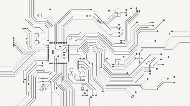 Abstract digital circuit board pattern with intricate lines and nodes on a light background for technology concepts