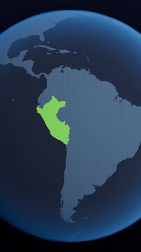 Peru with borders highlighted on a Globe from Space, planet earth 3d map animation, vertical video