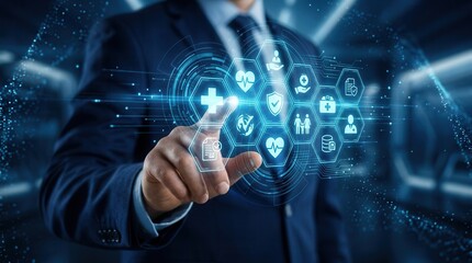 Fototapeta premium Digital claims and secure records being managed through a healthcare support interface by a professional.