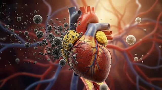 Vascular function disruption: cholesterol level comparison, artery health degradation, plaque formation danger, heart disease progression, circulatory system peril.