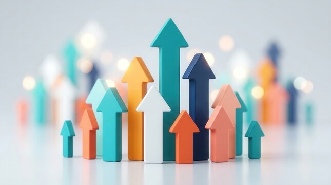 Growth and progress trends visualized with colorful upward arrows in a soft blurred setting.
