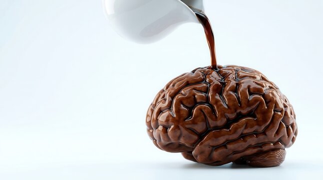 Black coffee pouring onto a realistic brain model to represent mental energy and focus.