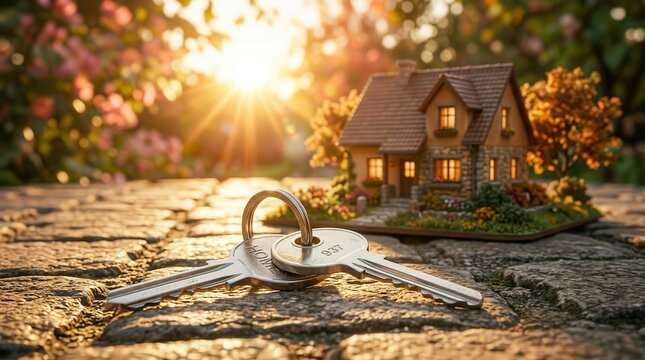 Real estate concept featuring a small house model and metal keys in golden sunlight.