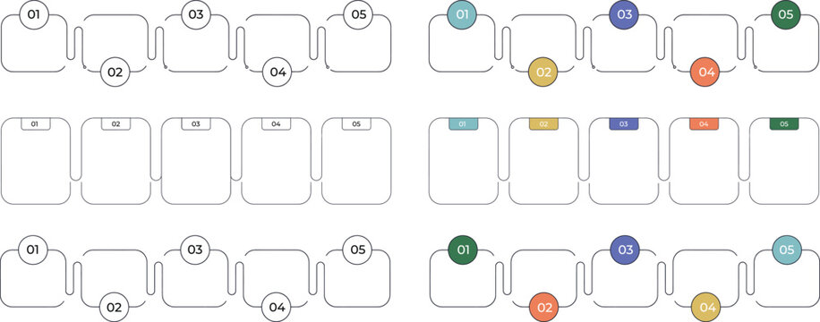 Rounded Square Process Diagram Set, Step by Step Workflow Template with Colorful Circle Icons, Vector Infographic Elements for Business Presentation