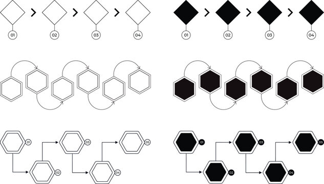 Connected Process Diagram Set, Hexagon and Diamond Flowchart Shapes, Vector Workflow Steps Icons for Infographic and Business Presentation Design
