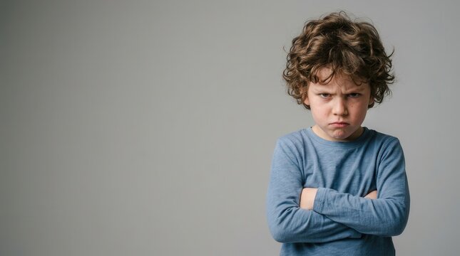Portrait of a small boy looking angry and furious with arms crossed, featuring copy space.