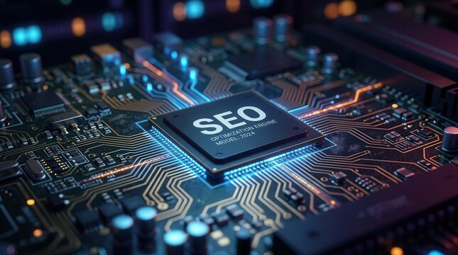 Search engine ranking and website optimization concept with glowing SEO text on a microchip.