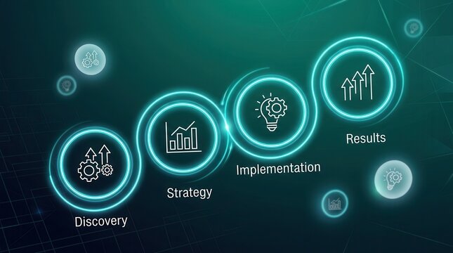 Circular icons illustrating business process workflow featuring strategy, implementation, and results.