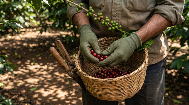 Selective Coffee Harvest Under Shade Trees On Climate Adaptive Farm