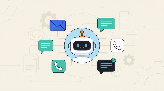 AI-powered support workflow illustration with chatbot, gear, envelope, and phone icons for customer service automation.