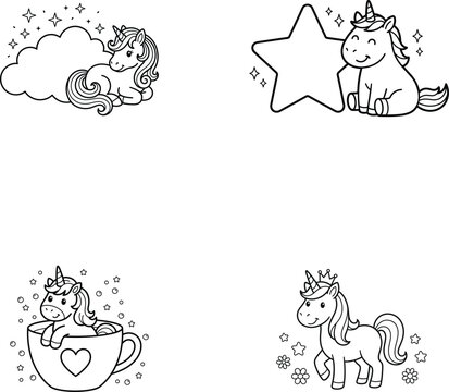 Cute hand drawn unicorn characters with stars and clouds for kids coloring book page set isolated on transparent background, Vector