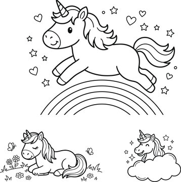 Cute cartoon unicorn jumping over a rainbow and relaxing in a meadow for kids coloring book page isolated on transparent background, Vector