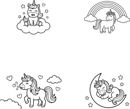 Set of cute baby unicorn drawings with rainbows clouds hearts stars and moon in sketch style isolated on transparent background, Vector