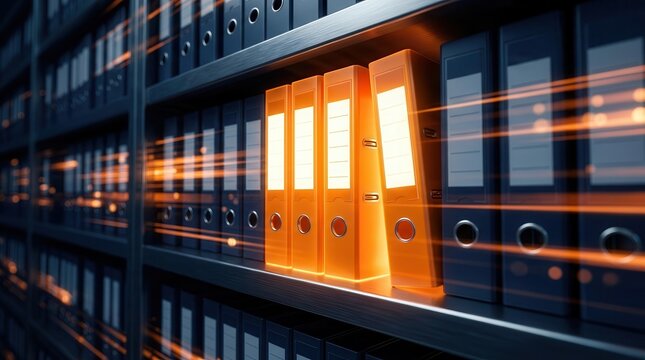 Enterprise content management and e-discovery concept featuring a row of glowing binders.