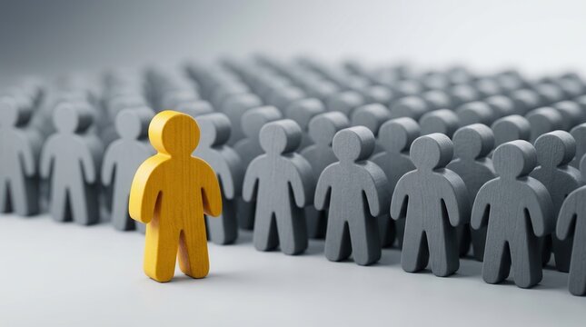 A single yellow figure stands out from a crowd of gray figures in a business environment.