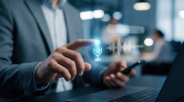 A businessman using voice search technology with a digital microphone icon and audio waveform.