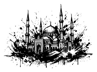 Mosque building with grand domes and minarets in artistic ink splatter style © Katarzyna