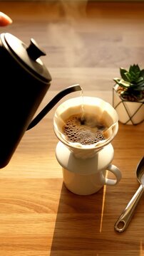 Pour Over Coffee Brewing Process in Warm Sunlight.