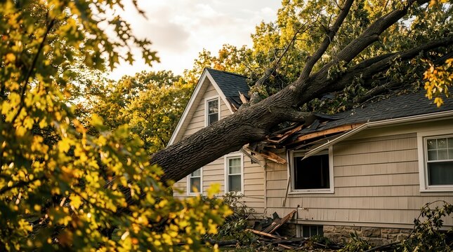 Aftermath of a storm with a massive tree fallen on a residential house roof.