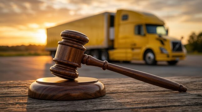 Concept of a truck accident lawsuit and legal liability featuring a gavel and a large semi truck.