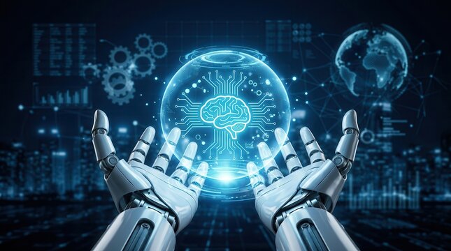 A machine learning model and global network connection presented by a robot for data training optimization.