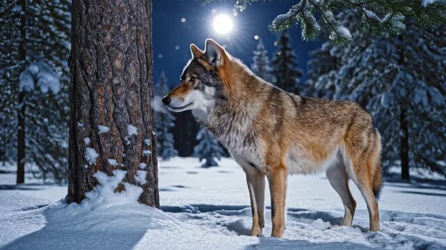 Lone Wolf Howling Under the Full Moon in a Snowy Forest.