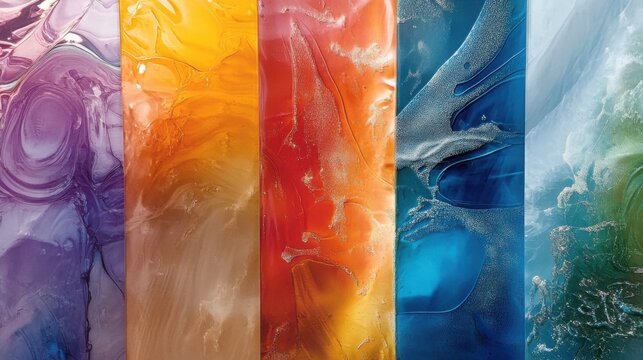 Abstract panels display swirling liquid colors in distinct vertical strips of purple, yellow, red, blue, and green, creating a vibrant and energetic background for modern design projects.