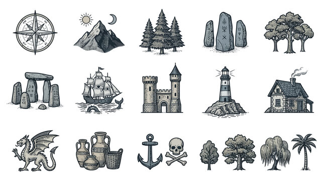 A collection of vintage fantasy and travel icons including ships, castles, compasses, and ancient ruins