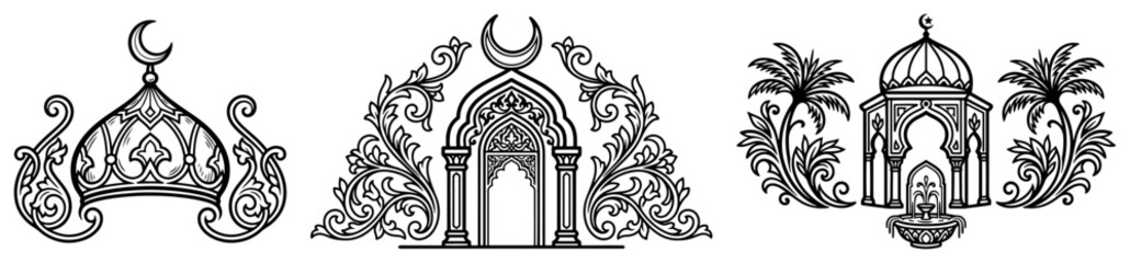 Islamic architectural elements with dome gate and palm trees in ornate line art style © Katarzyna