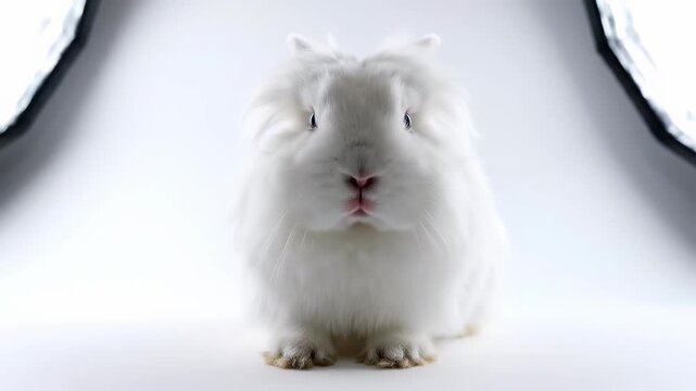 Adorable fluffy white bunny rabbit posing for the camera.