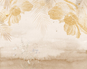 Luxury Gold Glitter Tropical Flowers and Palm Leaves Beige Background Mural Wallpaper © Mondal_01