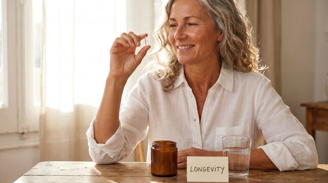 Woman holding supplement capsule by jar labeled longevity with glass of water