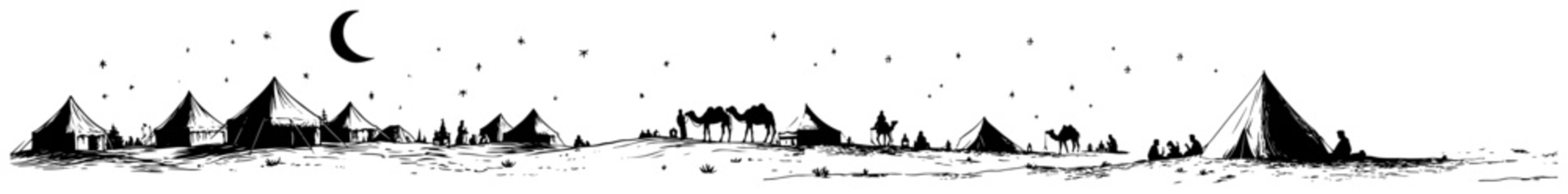 Bedouin desert camp with tents and camels under crescent moon in hand drawn sketch style