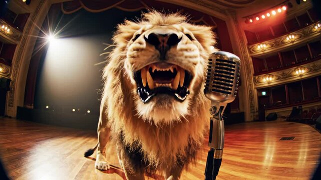 Lion Roaring on Stage with Vintage Microphone.
