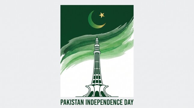 Brushstroke crescent and star with Minar‑e‑Pakistan evoking national pride and Independence Day spirit.