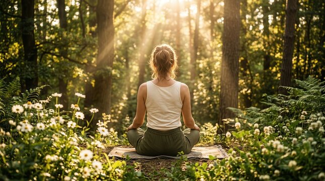 Mindfulness meditation for mental health as a woman sits in a serene natural environment.