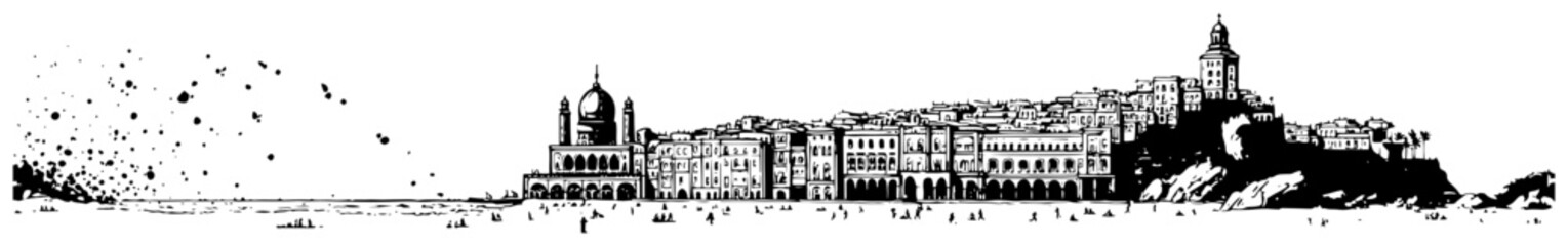 Fototapeta premium Coastal town skyline on rocky cliffs with sea landscape in panoramic ink sketch style
