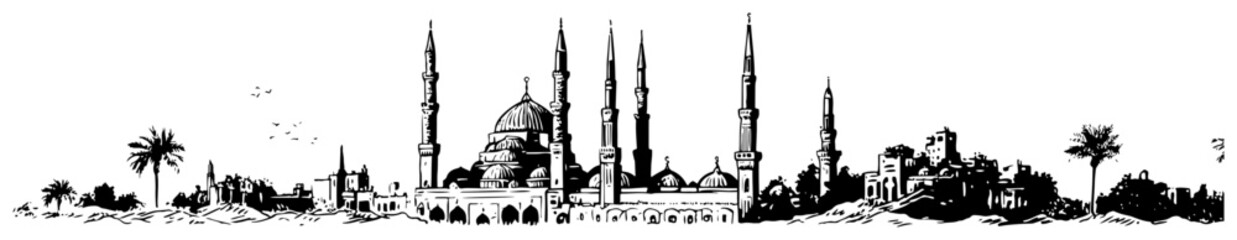 Majestic mosque architecture with minarets and palm trees in panoramic ink style © Katarzyna