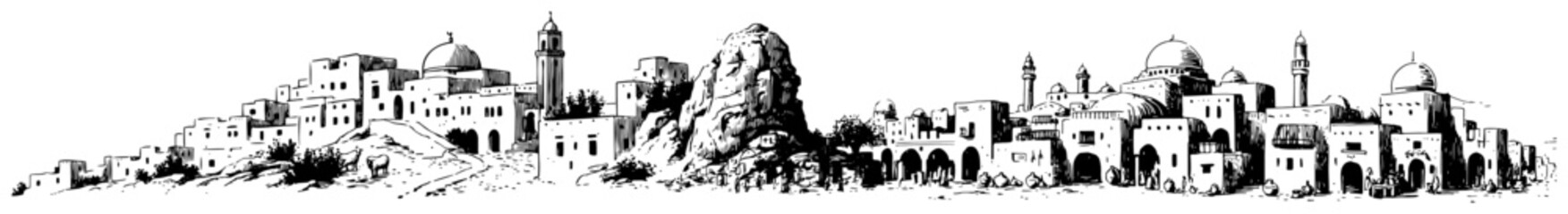 Ancient Arabic village with traditional buildings and domes in panoramic sketch style © Katarzyna