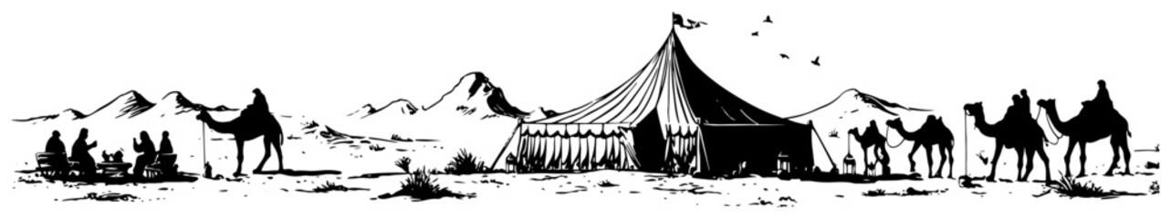 Desert caravan camp with bedouin tent and camels in ink sketch style © Katarzyna