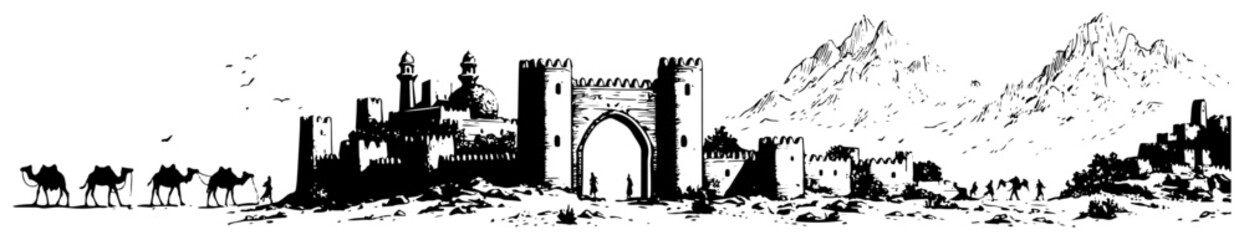 Obraz premium Ancient fortress walls with city gate and camel caravan in ink sketch style